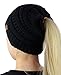 C.C BeanieTail Soft Stretch Cable Knit Messy High Bun Ponytail Beanie Hat, Black