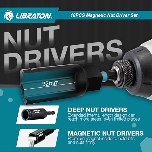 LIBRATON 18-Piece Magnetic Socket Impact Drivers, Deep Socket, Metric Nut Drivers, 5-14mm Sockets and Deep 6-17mm, Bit Holder, Storage Box