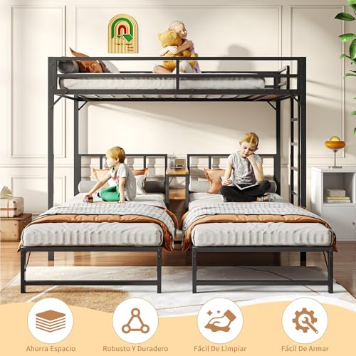 Simple Wisdom Literas de 3 Camas,Literas Individuales Tiene Tres Base Cama Individual,Litera Triple con Mesa,Equipado con Barandillas y Escaleras,La Base Metal es Resistente y Estable (Color Retro)