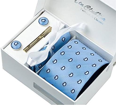 Leiwo Men's Handmade Polyester Silk Necktie with Cufflinks Pocket Square and Tie Clip 3'' (8cm) Blue