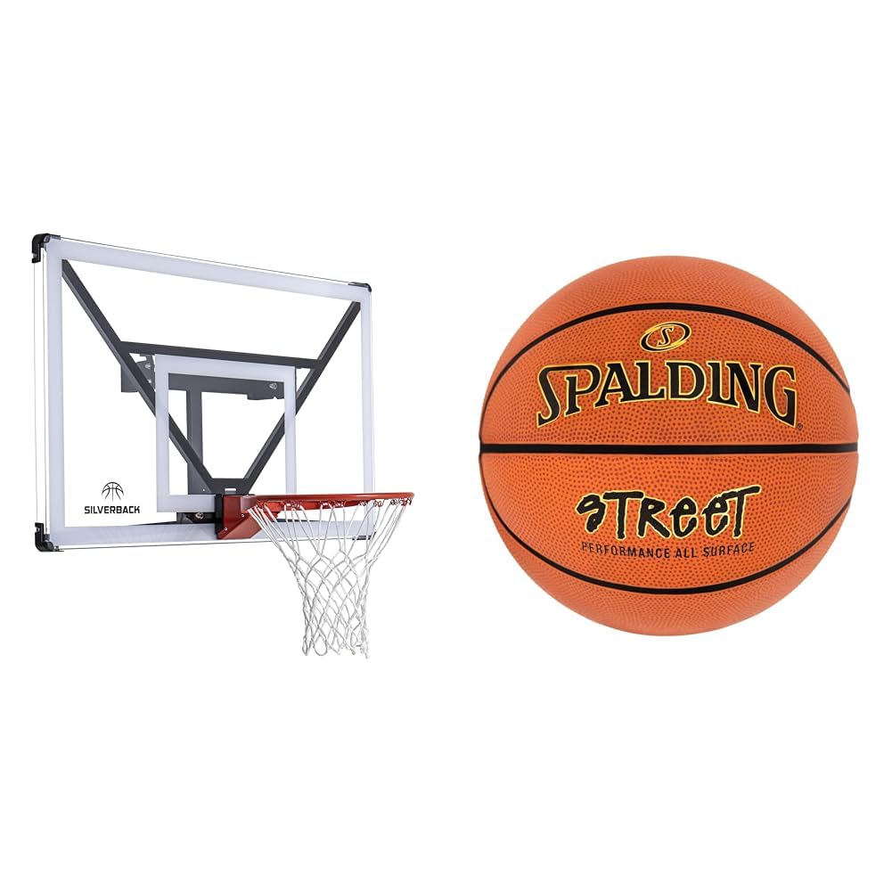 Silverback NXT 54" Wall Mounted Adjustable-Height and Fixed Basketball Hoop with QuickPlay Design & Spalding Street Outdoor Basketball 29.5" Image