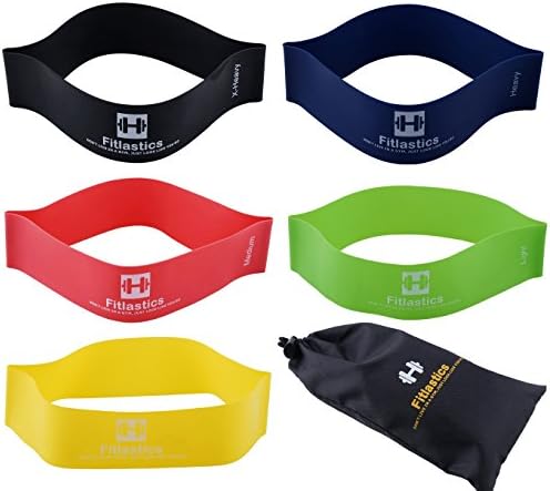 Fitlastics Resistance Loop Exercise 12 Inch Bands for Legs & Strength Training with Carry Bag, Set of 5