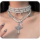 Layered Trendy Cross Pearl Necklaces for Women,Vintage Charming Rose Cross Pendant Statement Choker,Prom Costume Accessories Halloween Jewelry
