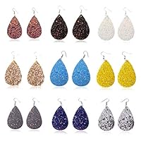 Yushen 9 Pairs Both Sided Glitter Teardrop Faux Leather Earrings Dangle Set Women Girls Sequin Earring Gifts