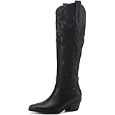 CIERWS Women's Embroidered Western Cowboy Boots Cowgirl Boots Knee High Medium Heel Chunky Heel Classic Retro Boots