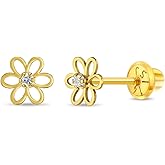 In Season Jewelry 14k Yellow Gold CZ Flower Kids Earrings - Earrings for Girls with Safety Screw Back Locking - Safe & Comfortable for Toddlers, Kids & Little Girls