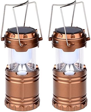 Hatori Solar Camping Lanterns Rechargeable LED USB Emergency Power Bank for Android Phones, Bronze (Pack of 2)