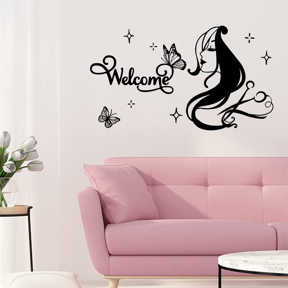 SUPERDANT Hairdressers Salon Wall Decal Beauty Salon Wall Sticker Welcome Creative Personality Vinyl DIY Art Mural for Scissors Barber Shop Deocr Wall Sticker Vinyl Transfer
