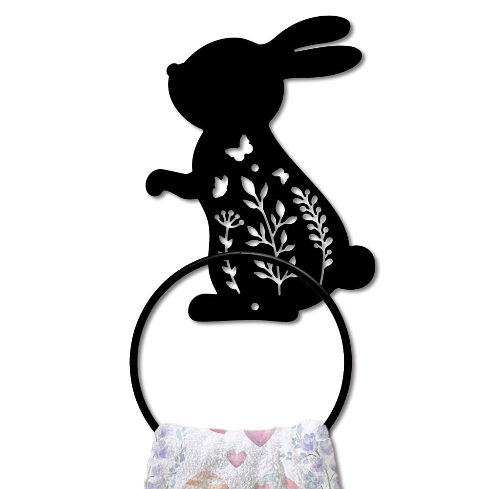 MAYJOYDIY Rabbit Metal Towel Ring Easter Bunny Towel Holder for Wall Leaf Plant Butterfly Towel Ring Black Towel Rack Wall Mounted for Bathroom Kitchen Towel Hanger Home Decors Gift