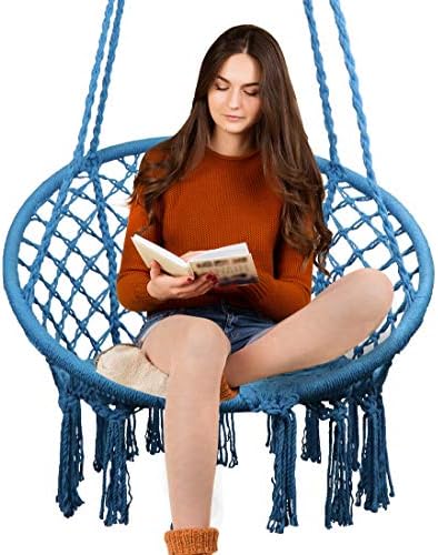 Hammock Chair Macrame Swing, 330 Pound Capacity, Hanging Chair with Cotton Rope for Indoor, Outdoor, Home, Patio, Deck, Yard, Garden, Blue