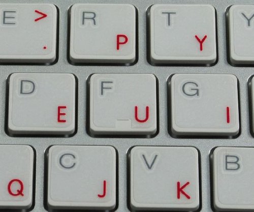 APPLE DVORAK STICKERS FOR KEYBOARD WITH RED LETTERING TRANSPARENT BACKGROUND FOR DESKTOP, LAPTOP AND NOTEBOOK