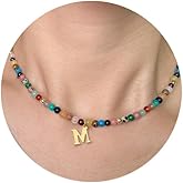 Miss Pink Initial Gemstone Necklaces for Women Girls, Colorful Beaded Boho Necklace Letter A-Z Bead Choker Necklace Y2K Natural Stone Handmade Gemstone Summer Beach Rainbow Necklace Jewelry Gifts