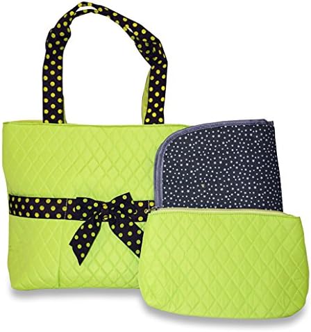 Rosenblue Quilted Diaper Bag Set with Changing Mat, Green Polka Dots with Brown Trim