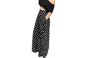Chatinction Women's Casual Palazzo Pants High Waist Pleated Polka Dot Printed Wide Leg Pants with Pockets