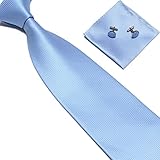 Stylefad Men's Solid Plaid Wide Neck Tie Set Hanky Cufflink Light Sky Blue