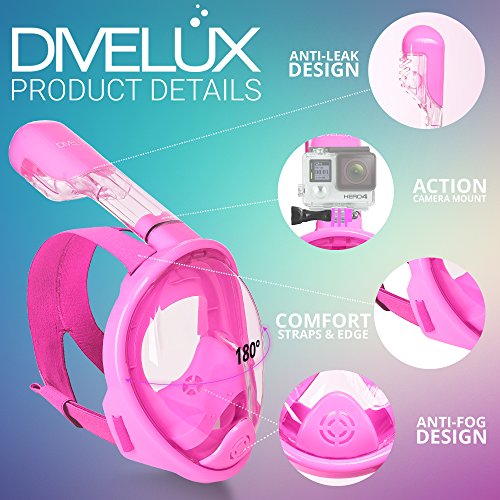 DIVELUX Snorkel Mask - Original Full Face Snorkeling and Diving Mask with 180° Panoramic Viewing - Longer Ventilation Pipe, Watertight, Anti Fog & Anti Leak Technology, for Kids (Pink, XS)