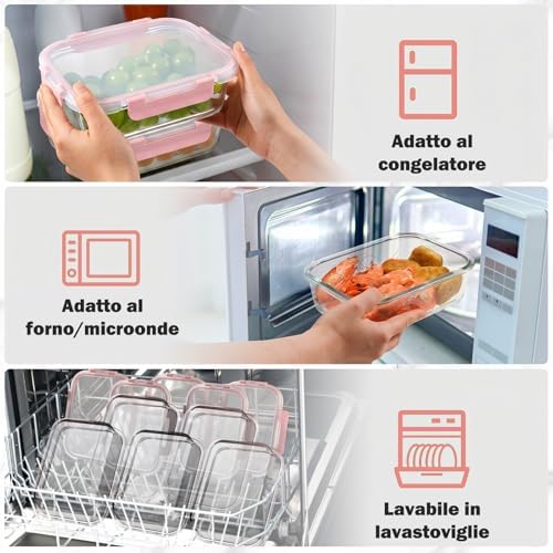 Set 10 Contenitori Vetro per Alimenti con Coperchi Ermetici, Senza BPA, Adatti a Microonde, Forno, Frigo e Congelatore, per Meal Prep, Rosa