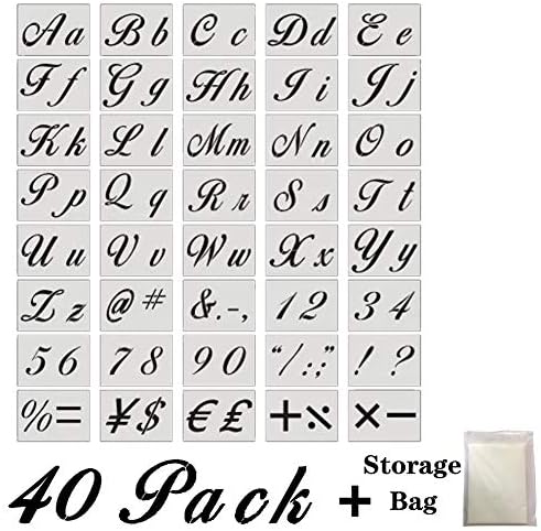 Letter Stencils - 40 Pcs Alphabet Letter Templates for Painting on Wood and Wall, Reusable Plastic Art Craft Stencils with Numbers and Signs for Home Decoretion Door Plate Drawing + Storage Bag