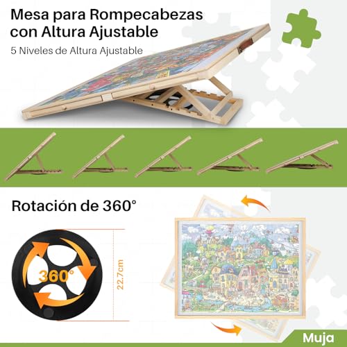 Muja Mesa para Rompecabezas de 1500 Piezas con 4 Cajones, 90x69cm Tablero para Rompecabezas con Cubierta Antipolvo Transparente, Inclinable y Giratorio