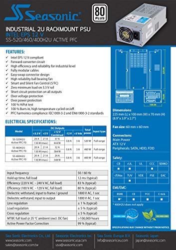 Seasonic Ss-460H2U 80+ 460W 2U Server Power Supply, Bulk