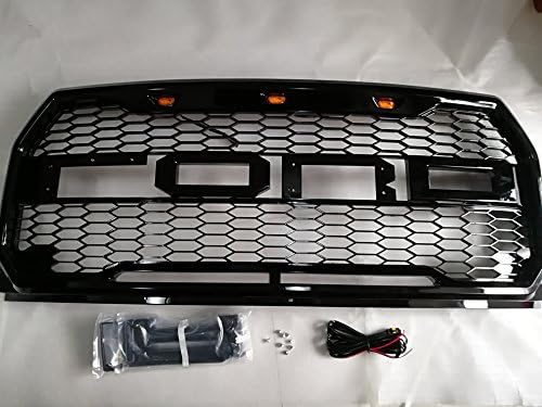 F150 Raptor Grille with Letters F&R Gloss Black Piano Black Color Conversion w/Amber LED Light Lamp 15-17 Ford F150