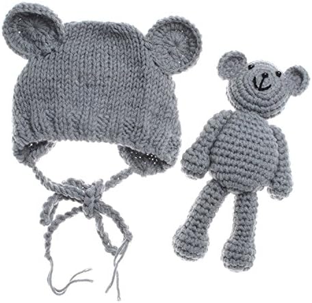 WONGYEE Newborn Baby Bear Hat Beanie with Bear Dolls Photography Accessories,Grey