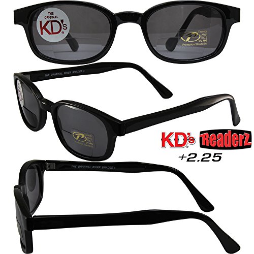 The Original KD's Biker Shades By PCSUN Black Frames +2.25 Magnification Smoke Lenses