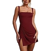 Oumrdeo Women’s Sexy Sleeveless Square Neck Bodycon Ruched Split Party Club Mini Tank Short Dress