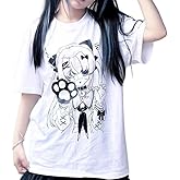 RILGOU Harajuku Y2K Kawaii Gothic Clothes Casual Loose Soft Crewneck Cute Cartoon Anime Girl with Paw Print T-Shirt