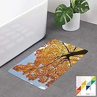 №32504 Bathroom Rug,Leaves,Autumn Maple Tree from Bottom to Top View Environment Flora Season November Print,Orange Blue, Non Slip Coral Velvet Foam Bath Mat,Soft Absorbent Shower Mat Kitchen Rug