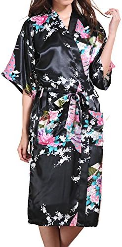 Women's Kimono Robe Long - Silk Peacock Blossoms - Black/L