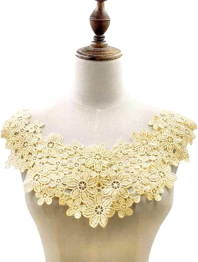 Embroidered Flower Lace Collar Applique, Embroidery Lace Trim Crochet Lace Patch Lace Motif Applique Patches Tipped Collar for Sewing Craft Costume Wedding Dress Wedding Dress Decoration, Beige