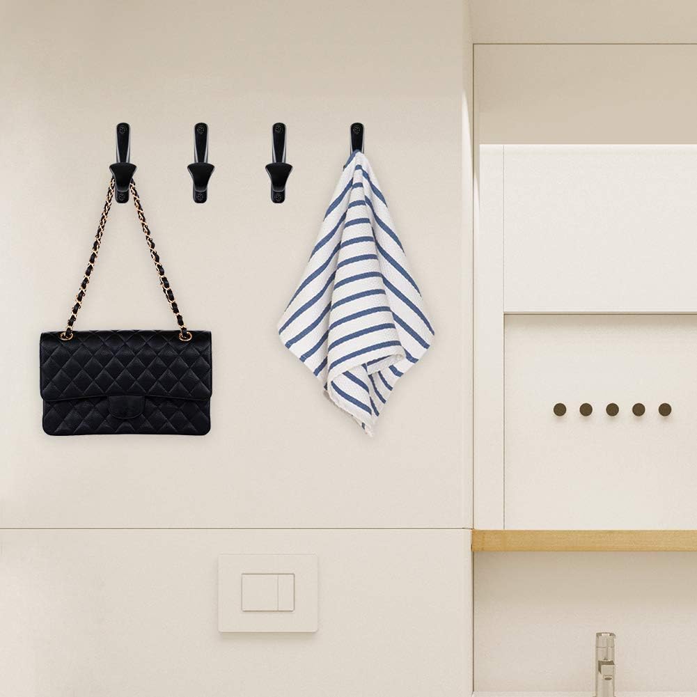 4 Pack Vintage Bath Towel Hooks Black, Tin Alloy Clothes Hooks for Hanging Coat and Robe, Industrial Heavy Duty Wall Mounted Hook with All Mounting Hardware for Farmhouse Retro DIY Projects - - 