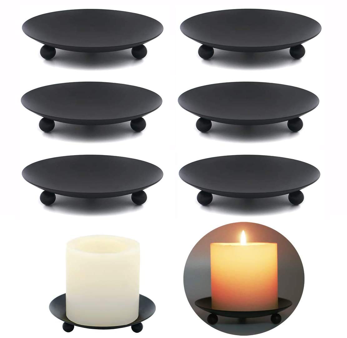 WillGail Decorative Iron Plate Candle Holder, Set of 6, Matte Black Pillar Candlesticks Holders, Pedestal Candle Stand for LED & Wax Candles, Table, Fireplace, Incense Cones, Spa, Weddings, Party