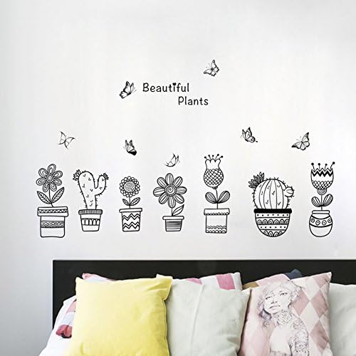 AWAKINK Lovely Sunflower Cactus Pot Plants Pastoral Style Wall Stickers Wall Decal Vinyl Removable Art Wall Decals for Kitchen Room Girls and Boys Nursery Room Children's Bedroom