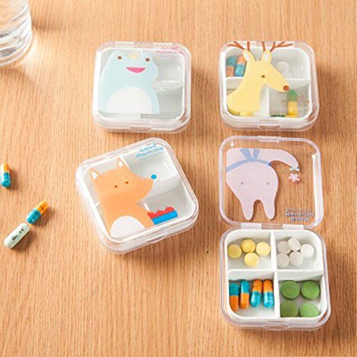 Ligntean Hot Sale Transparent Animal Pattern Portable Cartoon Travel 4 Compartment Medicine Drug Box Pill Storage Case Jewelry Container
