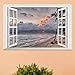 DNVEN Window Grey Dark Sky Beachside False Faux Window Frame Murals 3D Full Color Vinyl Bedroom Living Room Playrooms Wall Decals Stickers 24 inches x 16 inches