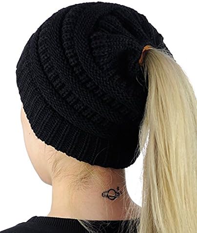 HOSONG Womens Ponytail Cap Warm and Soft Beanie Knitted Hat (One Size, Black)