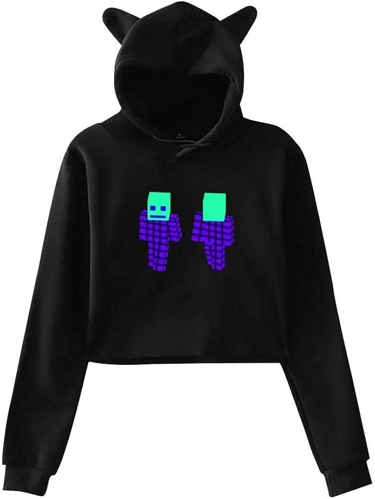 3D Print Womens Cute Cat Ear Crop Top Hoodie Geometry-Dash-3D Crop Top Sweatshirt