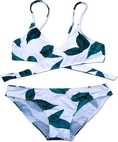 Ibestuff Women’s Tropical Leaves Strappy detailing and Tank top design Bikini Set (Small, White)