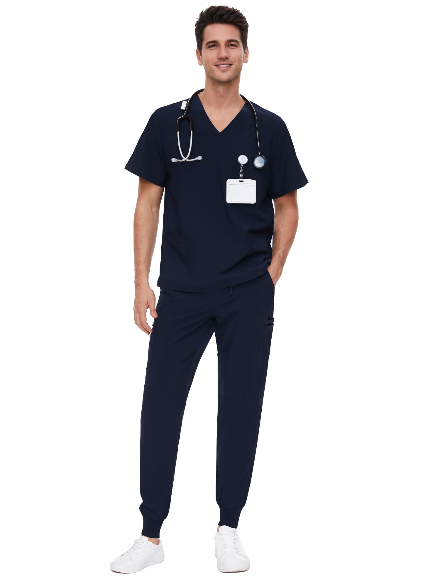 COZYFIT Scrubs for Men - 4 Pockets V-Neck Scrub Top and 7 Pockets Jogger Pants Mens Scrubs Set, Navy Blue, XL, Petite Image