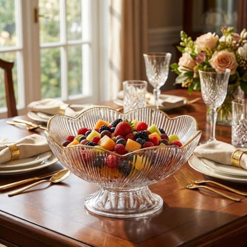 Fruteira de Mesa em Acrilico Transparente com Detalhes Dourados Design Sofisticado em Formato de Flor Resistente e Fácil Limpeza