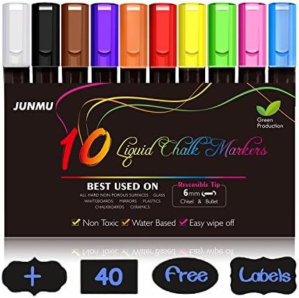 JUNMU Liquid Chalk Markers - Washable Erasable 10 Pack Amazing Neon Colors Non-Toxic Liquid Pens - 40 Chalkboard Labels - Best Used on Chalkboards Blackboards Glass and Windows - 6mm Reversible Tip