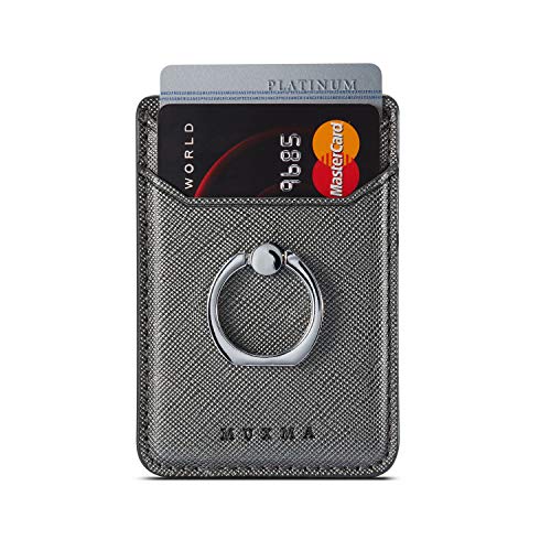 Phone Card Holder with Ring Grip for Back of Phone,Adhesive Stick-on Credit Card Wallet Pocket for iPhone,Android and Smartphones (Black)