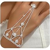 JWICOS Silver Sparkly Rhinestone Finger Ring Bracelet for Women Bridal Slave Chain Link Hand Accessories Jewelry for Bride and Prom (Style 14)