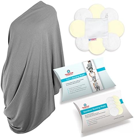 Breastfeeding Cover and Organic Bamboo Breastfeeding Pads (8 pack) Multi-Use Infinity Nursing Cover , Baby Car Seat Canopy , Stroller Cover, High Chair and Shopping Cart Liner - Grey
