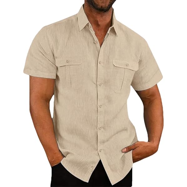 Mens Short Sleeve Button Up Shirts Linen Cotton Beach Tops