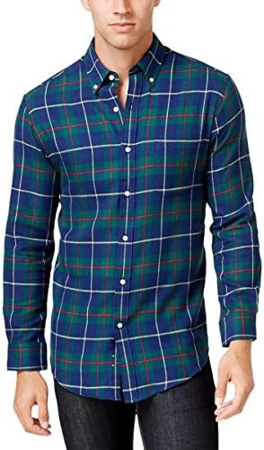 John Ashford Mens Flannel Plaid Button-Down Shirt Navy L