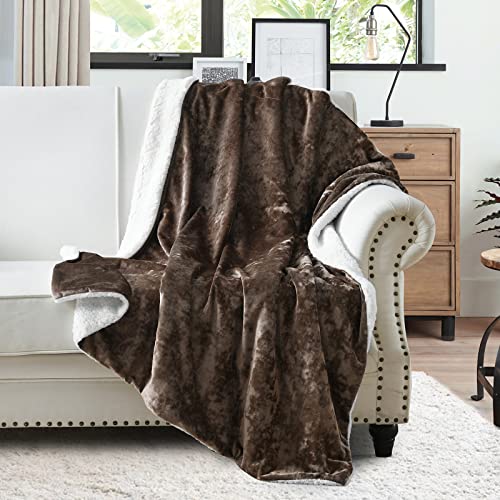 Luxury Crushed Velvet Sherpa Fleece Throw Blanket, Reversible Soft Thick Warm Plush Throw Fuzzy Blanket for Sofa, Couch and Bed, Travel, 50"x60", Brown