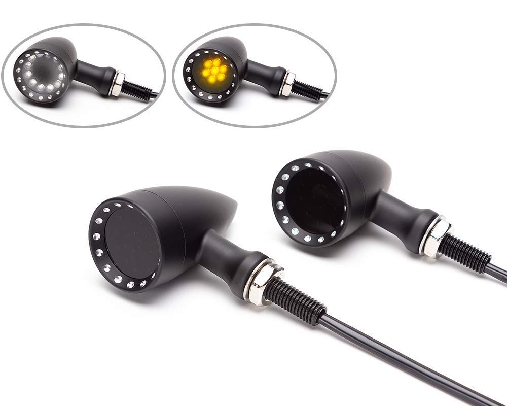Alchemy Parts LED Motorbike Front Custom Indicators | Integrated Turn Signals with Daytime Running Light in Billet Aluminium Classic Bullet Style to suit Choppers, Bobbers and other bikes